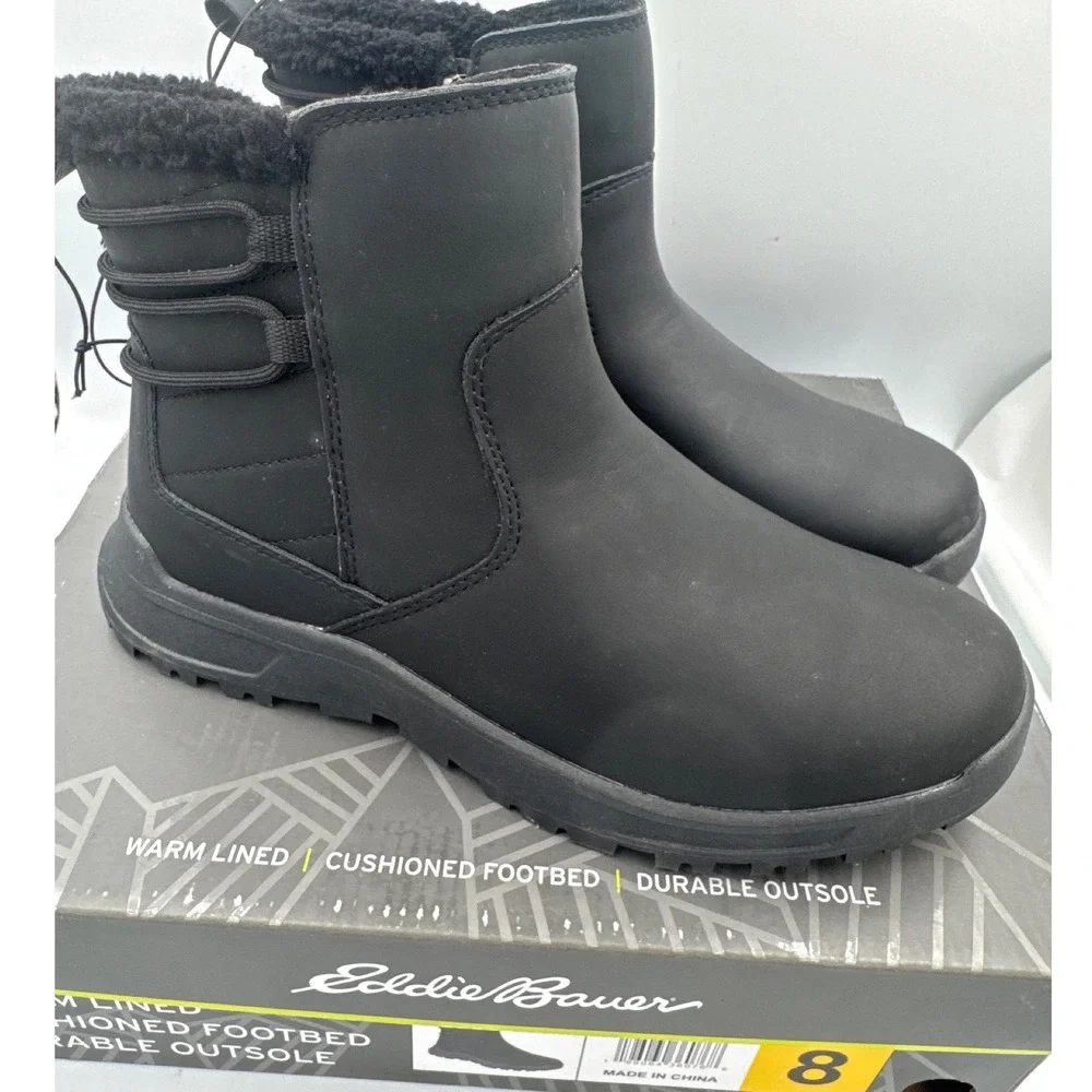 Eddie Bauer Womens Winter Boot Size 8 Black Siren Faux Lined Ankle Rain Snow